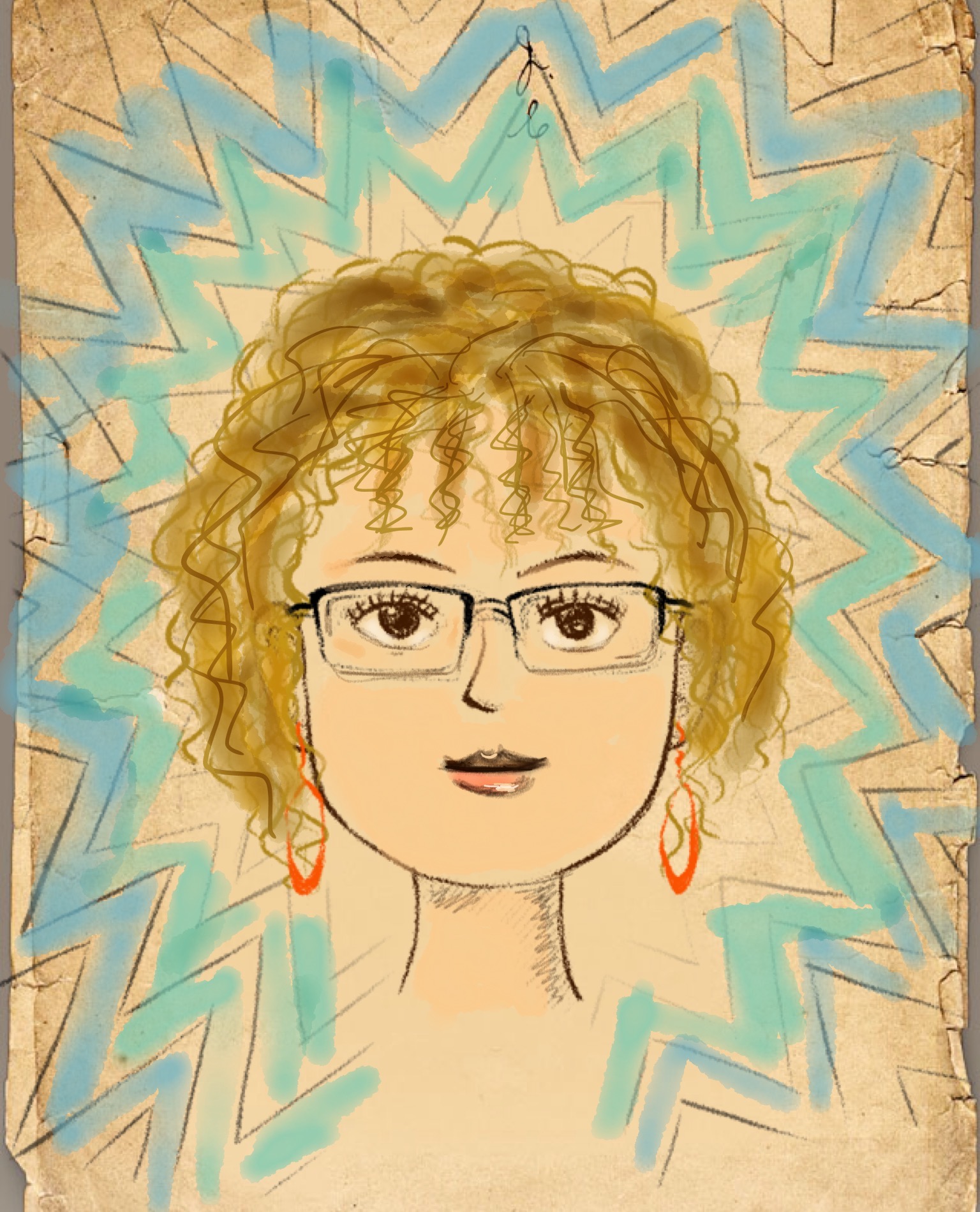 A colorful line drawing of Ana Luisa with glasses, big red earrings, and curly hair